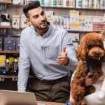 Muslim salesman pointing at blurred woman with poodle in pet shop